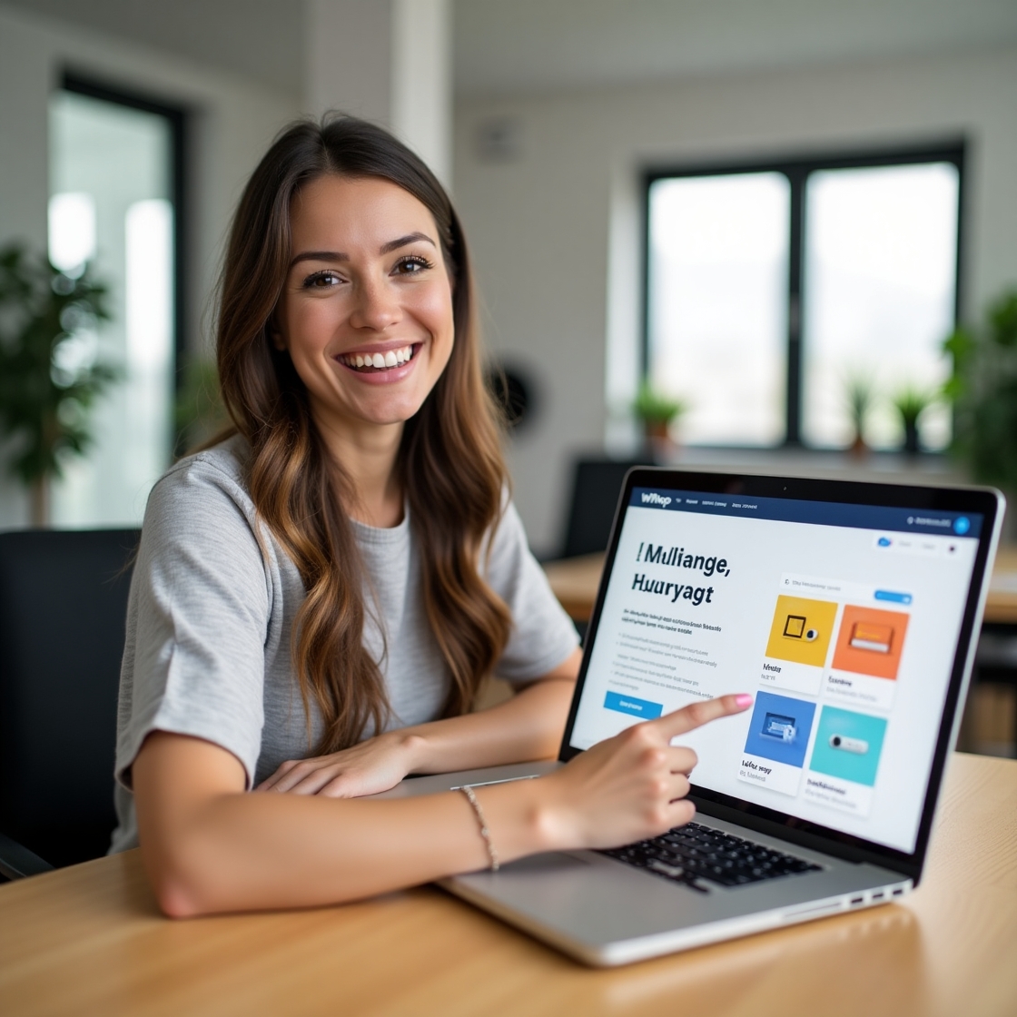 Young woman promoting Whop.com on laptop at modern desk, smiling confidently in bright workspace.Whop digital marketplace USA for online creators