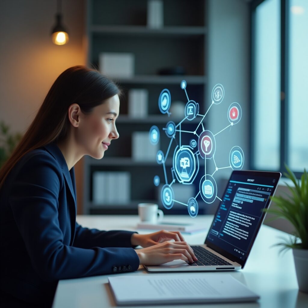 Creative professional using AI tools like ChatGPT and Notion AI on a laptop in a futuristic 2025 workspace with digital interface.