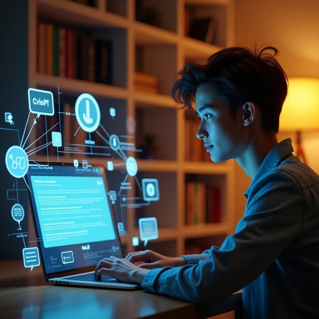 Creative professional using AI tools like ChatGPT and Notion AI on a laptop in a futuristic 2025 workspace with digital interface.
