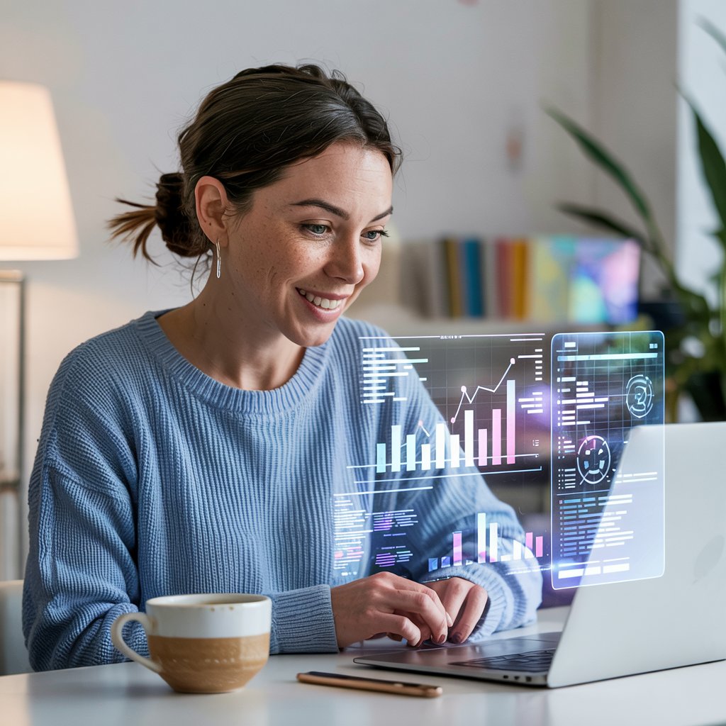 Author analyzing AI-driven marketing data on screen with a cozy workspace.