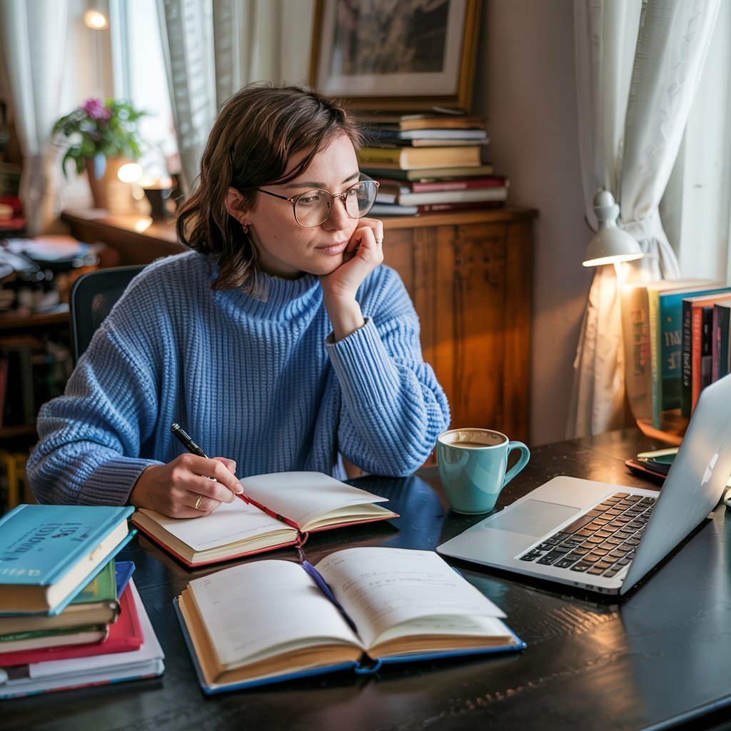 Person writing in a notebook at a desk with books and a laptop, starting a book.