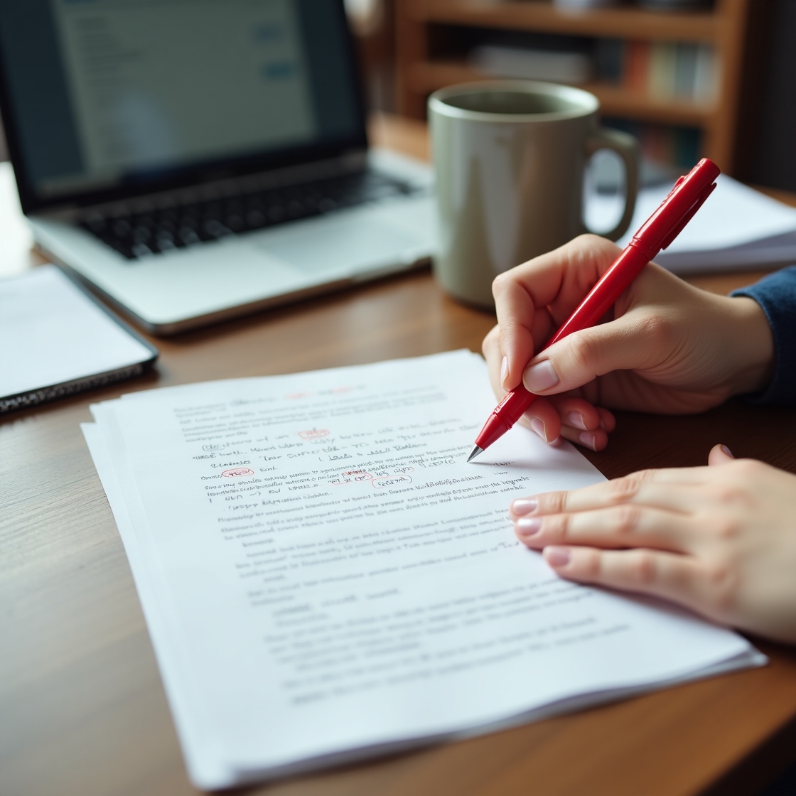 Author proofreading a book manuscript with red pen edits and editing software open on a laptop