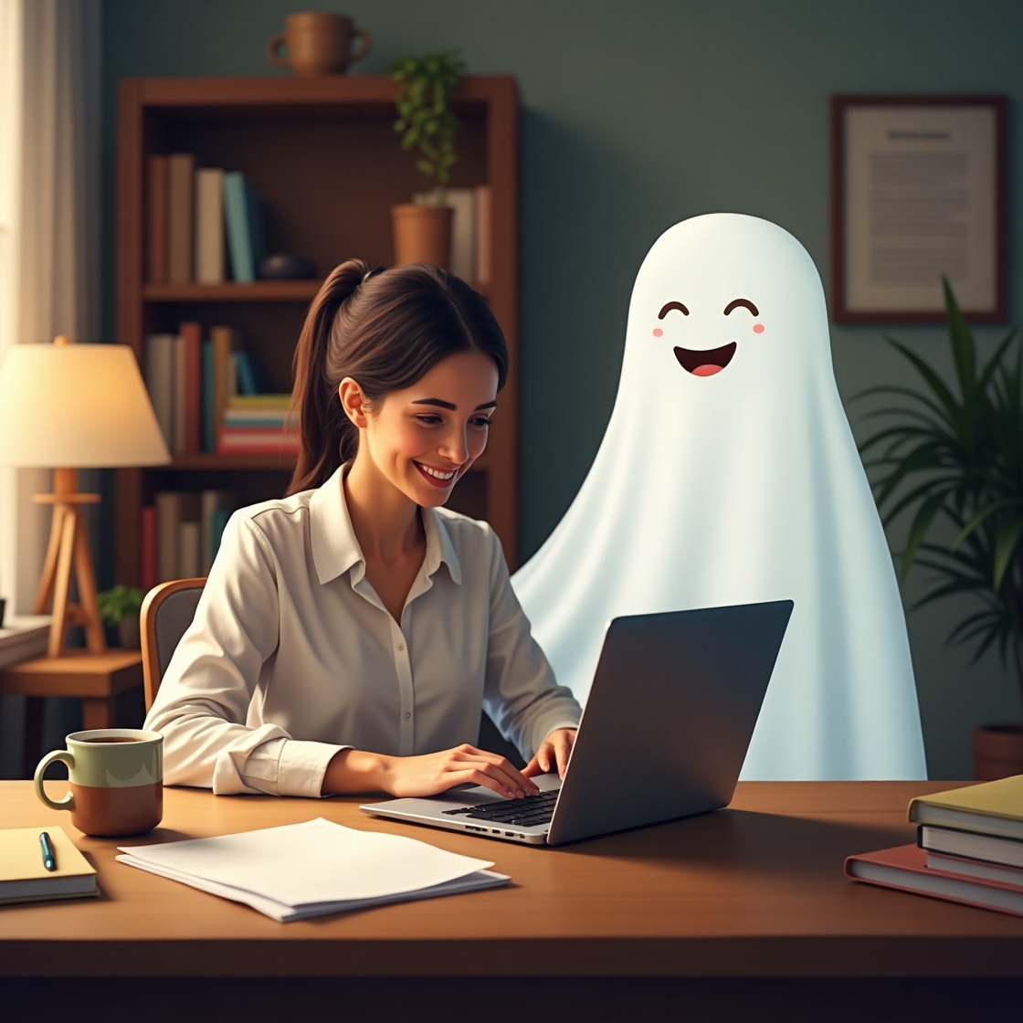 A professional writer typing at a desk with a ghost figure in the background, symbolizing ghostwriting services in a creative and cozy workspace.